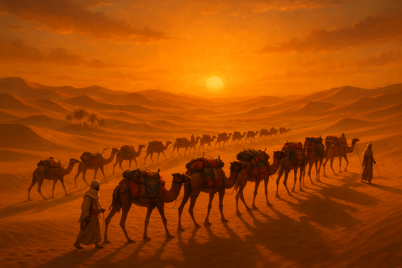 graphic of camels trade caravan going through desert